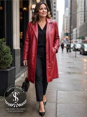 NWT Veranesi Red Genuine Leather Long Coat Jacket Size 14W Quilted Lining VTG